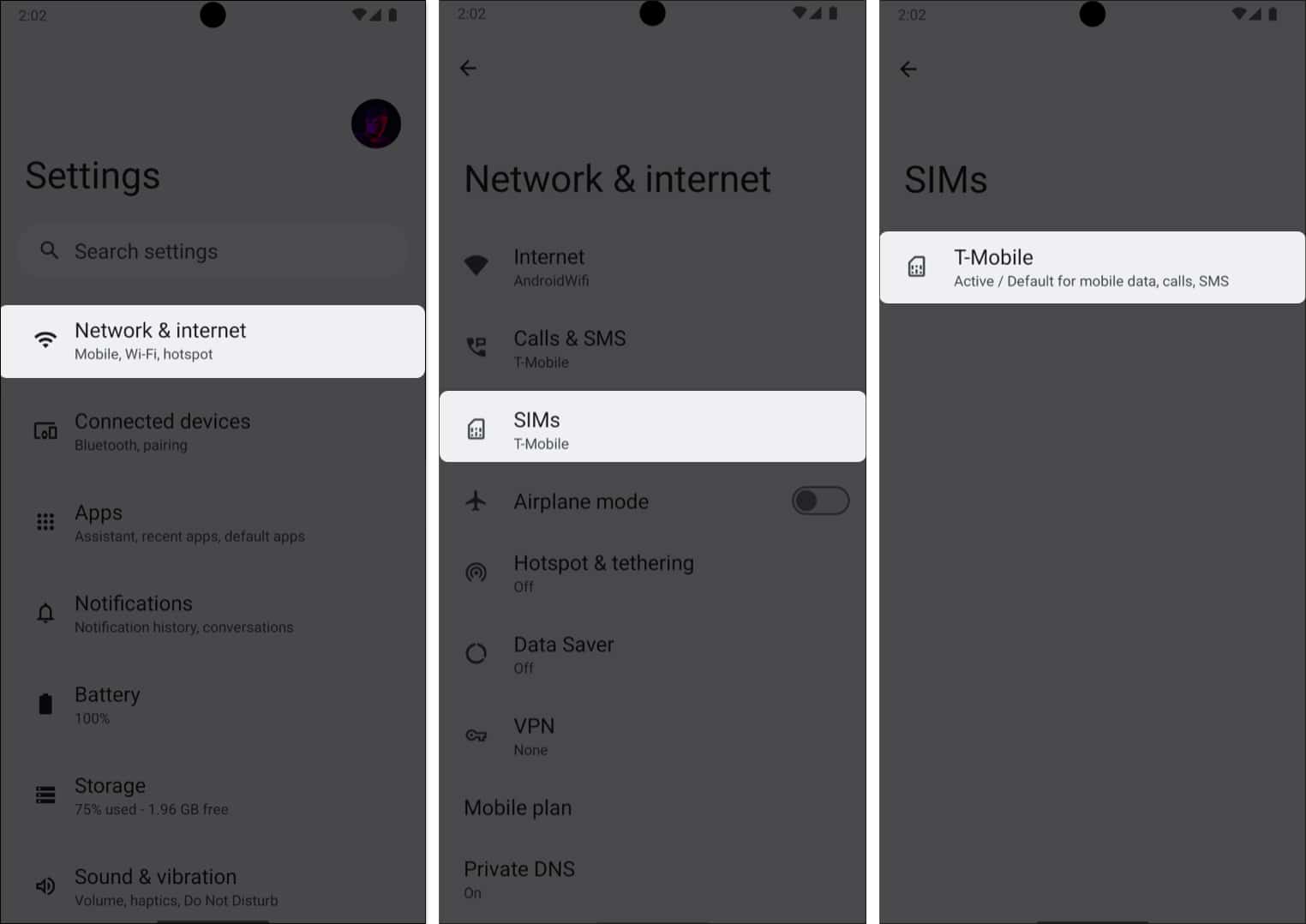 Open Settings, Network and internet, Tap SIMs and select your primary SIM card