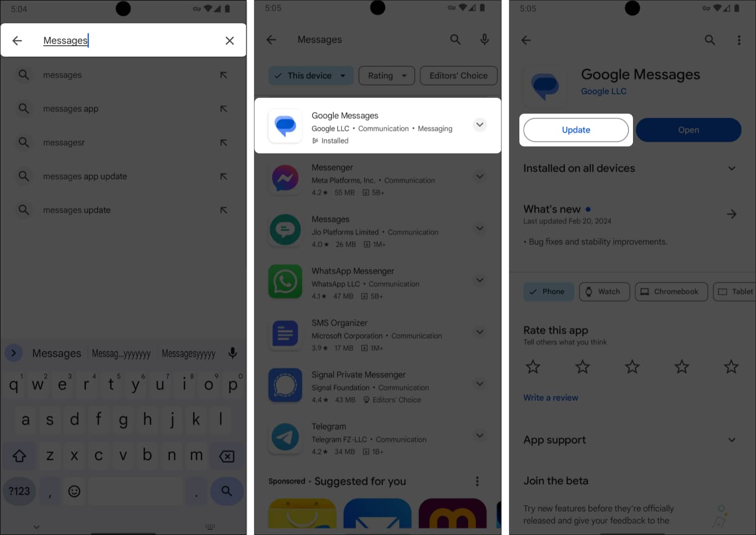 Search for the Messages app in Play store, tap on Message app and select Update