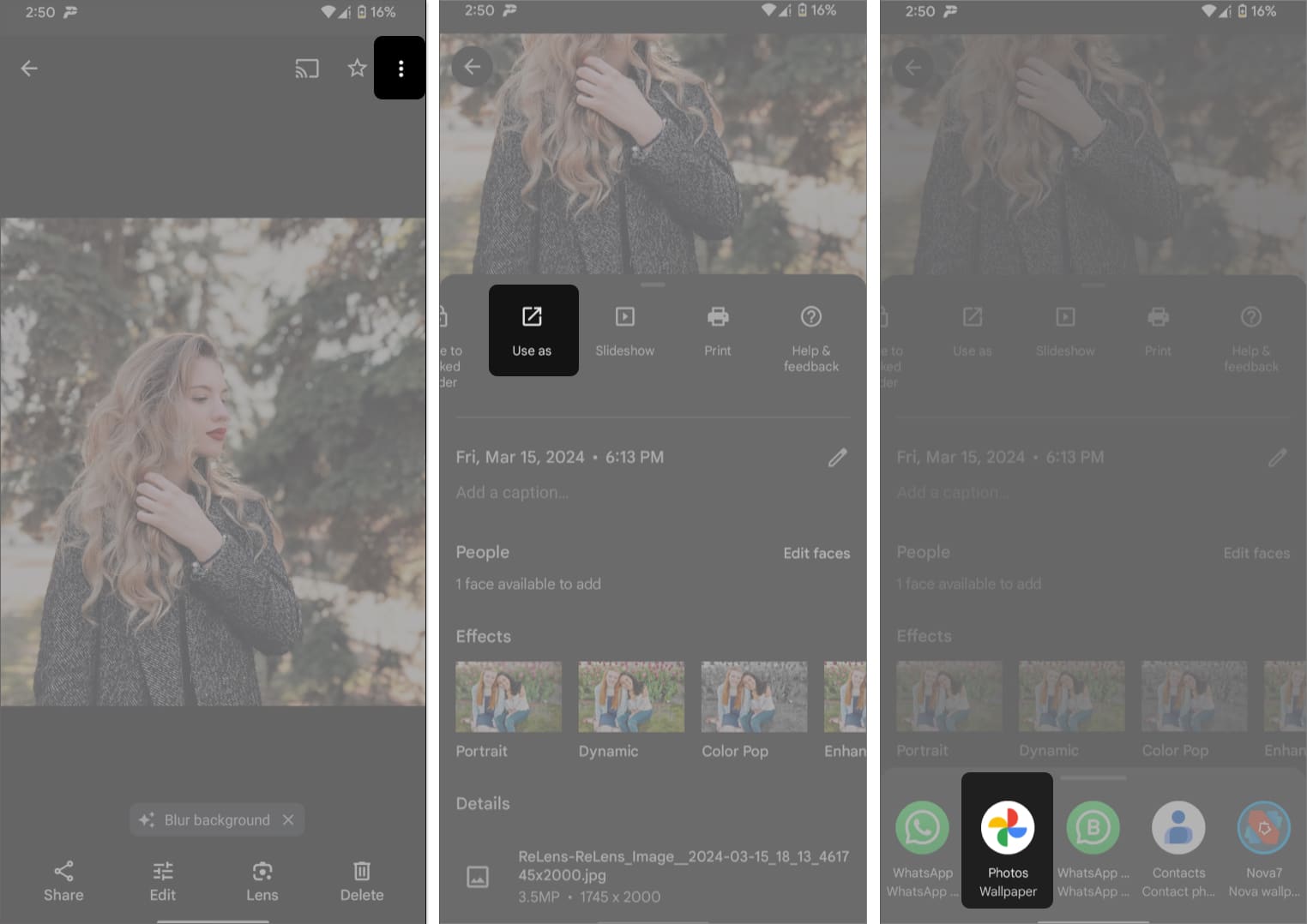 Select photo from google photos app, tap three dot icon, select Use as and hit Photos wallpaper