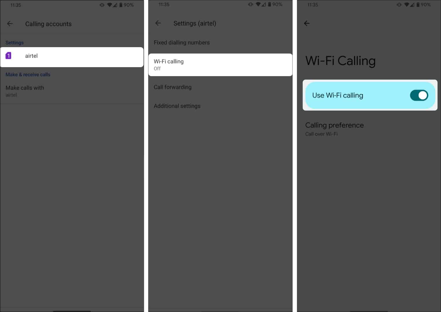 Select the SIM carrier, tap on Wi-fi calling and toggle on Wi-Fi calling on your Android phone