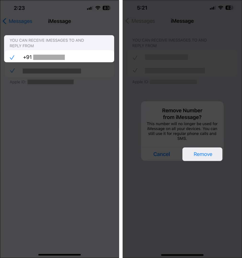 Tap on your phone number and select Remove to deregister it from iMessage