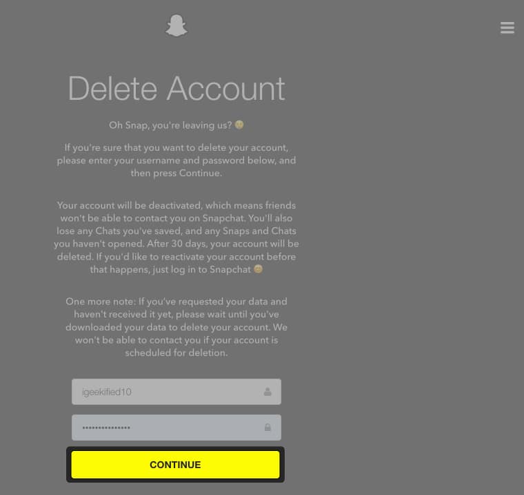 Tap CONTINUE to delete Snapchat account