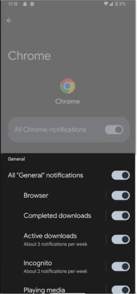 Turn off desired category of notifications from an app